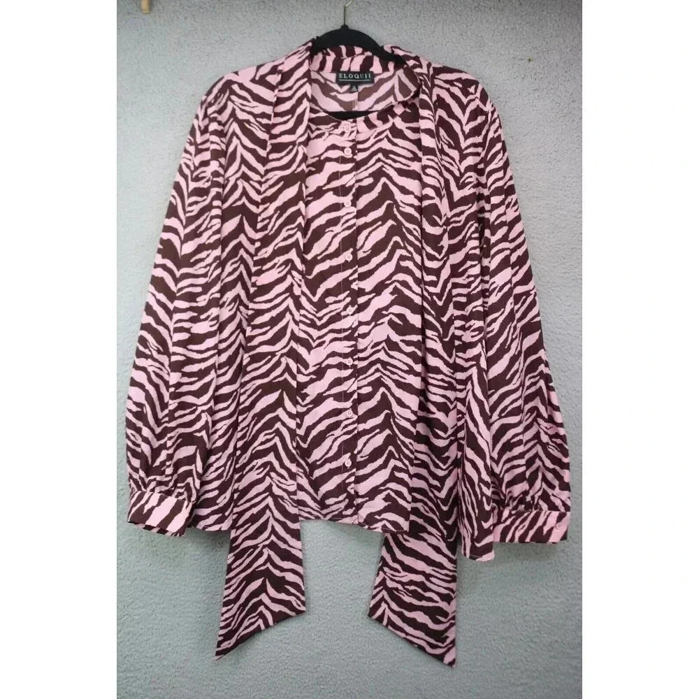 Eloquii Animal Print Button Down Blouse-Size 28-Office-Long Sleeves-Tie Front